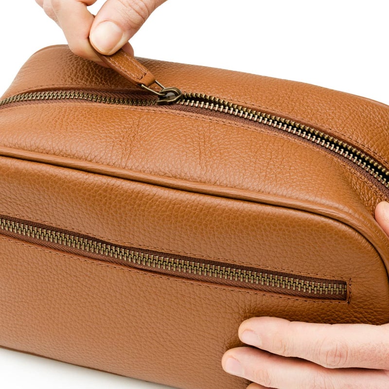 Maruse Italian Leather Toiletry Travel Bag with 2 Zippered Closures for Men and Women, Handmade in Italy, Brown - Image 3